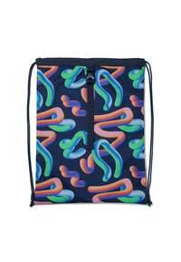 Drawstring backpack in dark blue featuring colorful abstract patterns of curves and lines. Made from durable fabric with a cinch closure.