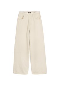 Szerokie spodnie w jasnym beżowym kolorze, wykonane z solidnej bawełnianej tkaniny. Posiadają dwie przednie kieszenie oraz wysoki, elastyczny pas.