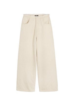 Szerokie spodnie w jasnym beżowym kolorze, wykonane z solidnej bawełnianej tkaniny. Posiadają dwie przednie kieszenie oraz wysoki, elastyczny pas.