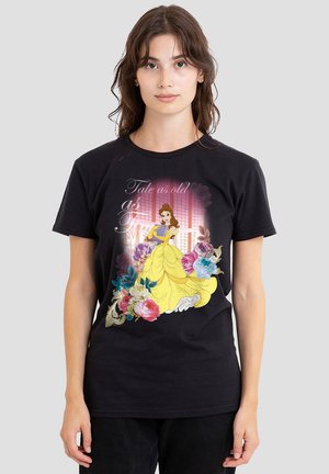 Black t-shirt featuring a princess graphic in yellow gown surrounded by colorful flowers and the text "Tale as old as Time" in white.