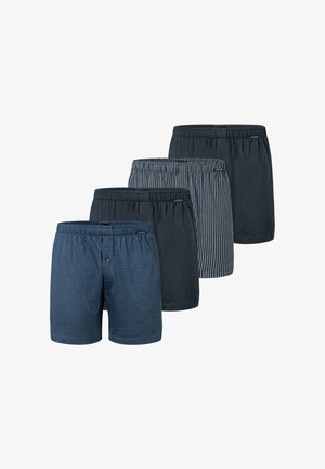 Vier Paare Herrenboxershorts in dunkelblauen und grauen Farbtönen, mit einfarbigen Designs und dezenten Mustern, elastischen Taillenbündchen und Knopfdetails.