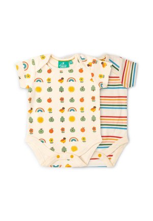 Zwei kurzärmelige Baby-Bodys, eines mit bunten Obst- und Natursymbolen, das andere mit mehrfarbigen horizontalen Streifen auf cremefarbenem Stoff.