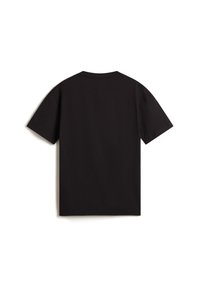 Camiseta de algodón negra de manga corta con cuello redondo. Textura suave, diseño sencillo y sin logotipos ni adornos visibles.
