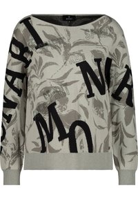 Pull tricoté gris clair avec texte noir et motif de feuilles. Encolure ronde, manches longues, poignets et ourlet côtelés.