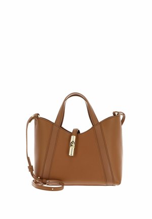 Brown leather handbag with two handles, a detachable shoulder strap, and a central gold-tone clasp lock.