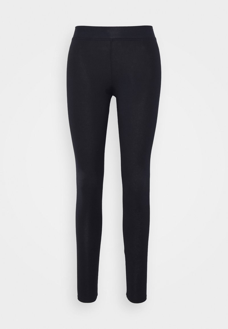 Black leggings with a smooth texture, mid-rise waistband, slim fit, and no visible hardware or patterns, designed for comfort and flexibility.