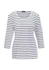 Witte top met lange mouwen en marineblauwe horizontale strepen. Heeft een ronde halslijn en een ontspannen pasvorm. Zachte, rekbare katoenen stof.