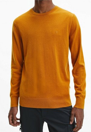 Mand iført en koldgul langærmet sweater kombineret med sorte bukser, stående foran en hvid baggrund.