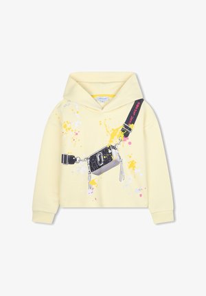 Geel katoenen hoodie met een voorzijde graphic van een handtas, met zwarte, grijze en kleurrijke verfspetters, en een capuchon met trekkoord.