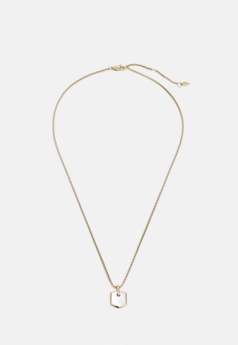 Χρυσή αλυσίδα κοσμήματος με λεπτή, κομψή αλυσίδα και εξάγωνο κρεμαστό που διαθέτει λευκή επένδυση, ασφαλισμένο με κούμπωμα αστακού.