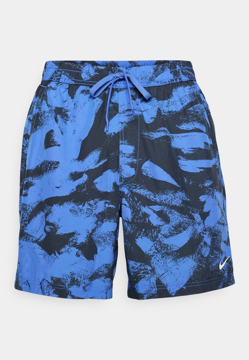 Modré a černé pánské plavky se vzorem abstraktních štětcových tahů, elastickým pasem a šňůrkou na stažení. Má bílé logo Nike.
