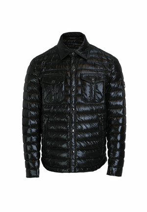 Schwarze Daunenjacke mit glänzendem Finish, Druckknöpfen, zwei Brusttaschen und einem kragen. Mit gestepptem Design und normaler Passform.