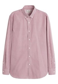 Camisa abotonada con patrón de cuadros vichy en rojo y blanco, mangas largas, cuello y puños estándar. Fabricada con tela de algodón tejida.