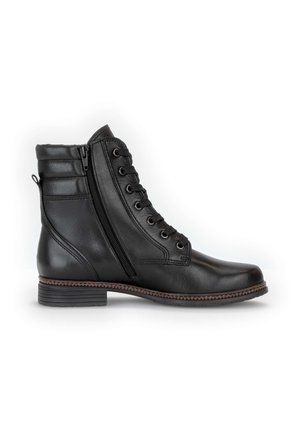 Bottine en cuir noir à lacets avec fermeture éclair latérale, talon bas et semelle texturée, présentée de profil sur fond blanc.