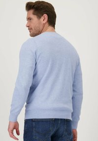 Lichtblauwe trui van zachte gebreide stof met een ronde hals en ribgebreide manchetten, gecombineerd met donkere spijkerbroek. Achteraanzicht toont een ontspannen pasvorm.