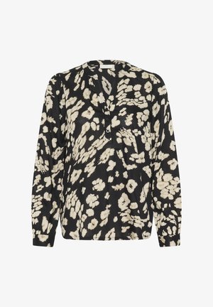 Zwarte blouse met lange mouwen, voorzien van een witte bloemenprint, knoopsluiting aan de voorkant, V-hals en een relaxte pasvorm. Zachte stof met een gladde textuur.