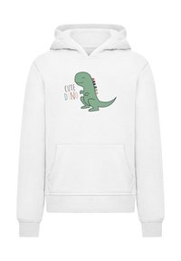 Felpa bianca con grafica di un dinosauro verde con spine colorate, testo "CUTE DINO" e tasca a marsupio davanti.