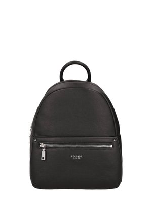 Zaino in pelle nera con silhouette arrotondata, tasca frontale con zip e manico superiore. Arricchito da dettagli in metallo argentato e logo.