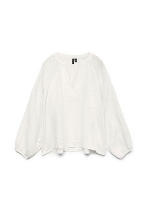 Balta palaidinė ilgomis rankovėmis su V formos iškirpte, surinkta iškirpte, laisvo silueto ir subtilaus siuvinėto gėlių akių rašto.