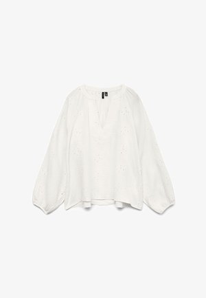 Balta palaidinė ilgomis rankovėmis su V formos iškirpte, surinkta iškirpte, laisvo silueto ir subtilaus siuvinėto gėlių akių rašto.