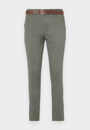 Olive green chinos with a straight cut, featuring a brown leather belt, side pockets, and a subtle textured fabric.