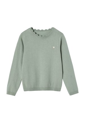 Light green knitted long-sleeve sweater with scalloped neckline and small white heart detail on the left chest.