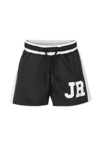 Shorts da nuoto neri con un elastico bianco in vita e dettagli laterali, dotati di cordino e grande logo "JR" sulla gamba destra.