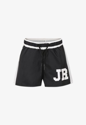 Shorts da nuoto neri con un elastico bianco in vita e dettagli laterali, dotati di cordino e grande logo "JR" sulla gamba destra.