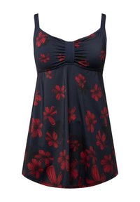 Robe de bain bleu marine avec un motif floral rouge. Caractéristiques : bretelles ajustables, corsage froncé et jupe évasée pour une bonne couverture.