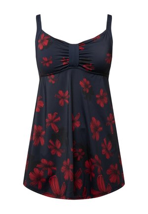 Robe de bain bleu marine avec un motif floral rouge. Caractéristiques : bretelles ajustables, corsage froncé et jupe évasée pour une bonne couverture.