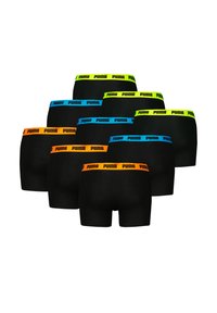 Schwarze Boxershorts mit elastischen Bund in Blau, Orange und Neon-Gelb, versehen mit dem deutlich sichtbaren Puma-Logo.