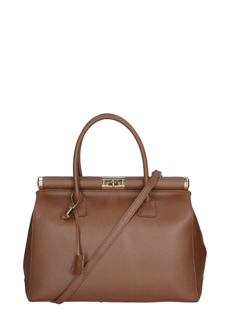 Borsa a mano in pelle marrone con una forma strutturata, accessori in oro, maniglia superiore e tracolla rimovibile. Finitura testurizzata con chiusura sicura.