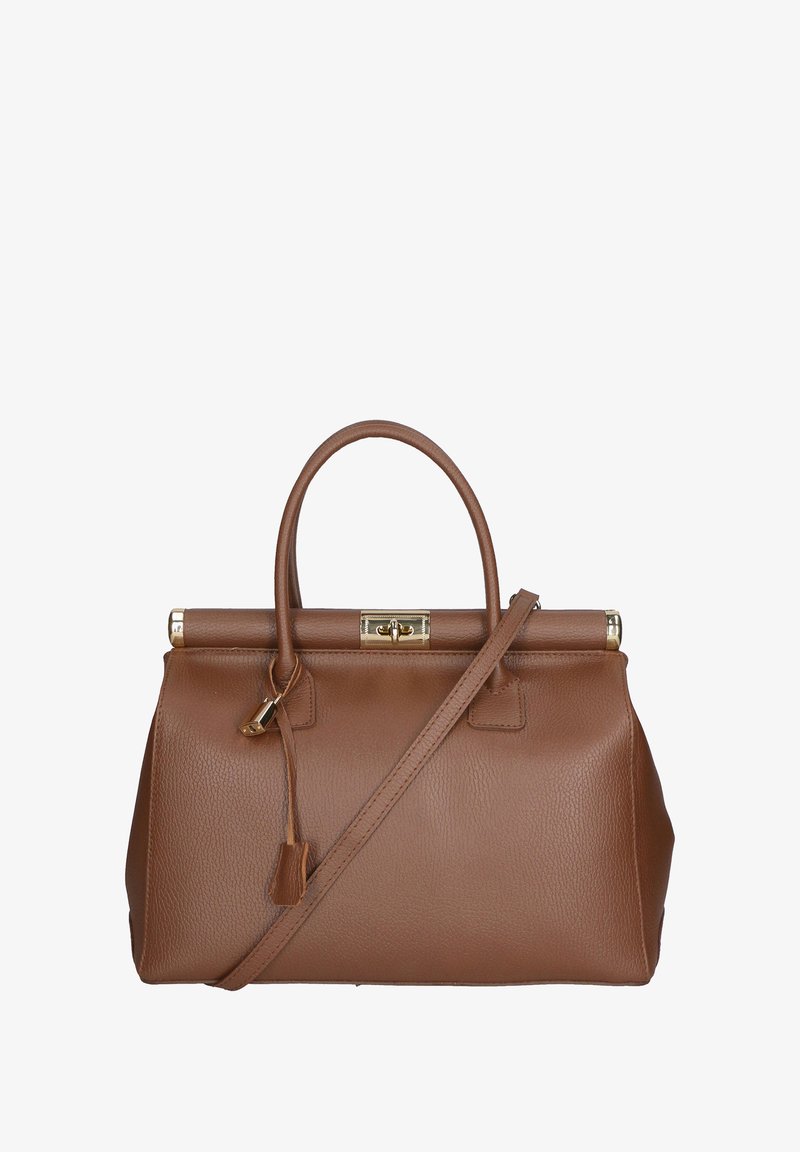 Borsa a mano in pelle marrone con una forma strutturata, accessori in oro, maniglia superiore e tracolla rimovibile. Finitura testurizzata con chiusura sicura.