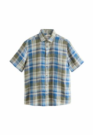 Short-sleeve button-up shirt with green, blue, and beige plaid pattern and a pointed collar, displayed flat on a white background.