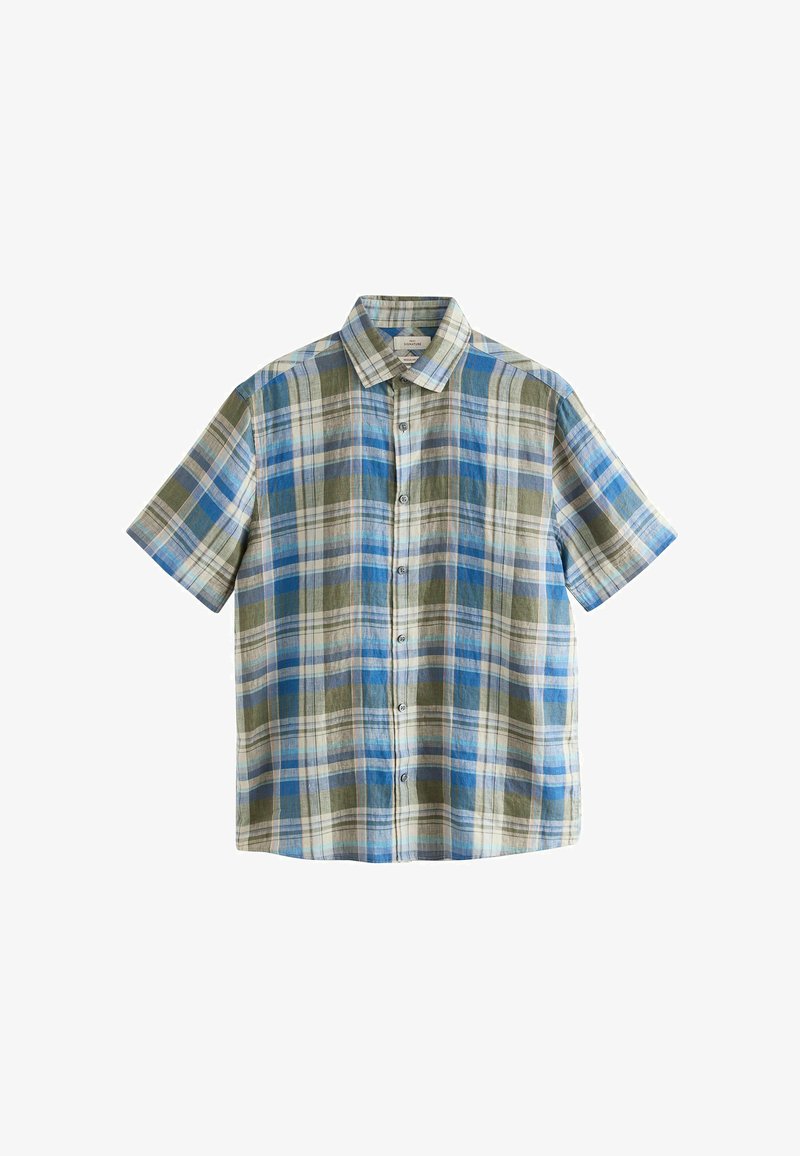 Chemise à manches courtes à boutons avec un motif à carreaux vert, bleu et beige et un col pointu, présentée à plat sur un fond blanc.