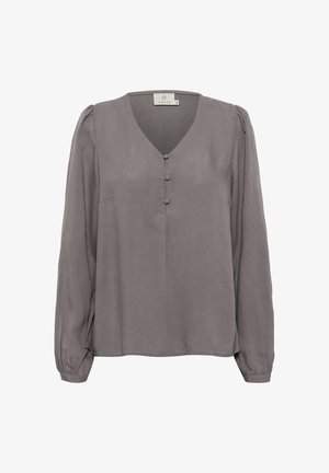 Szara bluzka wykonana z gładkiego materiału, z dekoltem w kształcie litery V, trzema guzikami z przodu oraz długimi, bufkami z elastycznymi mankietami.