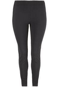Leggings noirs fabriqués en tissu extensible et lisse. Ils présentent un design ajusté avec une taille haute, se resserrant jusqu'aux chevilles.