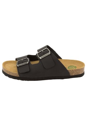 Sandalo nero con punta aperta, due cinturini regolabili con fibbia, soletta in sughero, soletta color cuoio e suola in gomma nera, vista laterale.