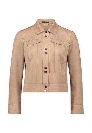 Veste en suédine beige avec des manches longues, un col pointu, deux poches poitrine et des boutons métalliques sur le devant. Fini texturé.