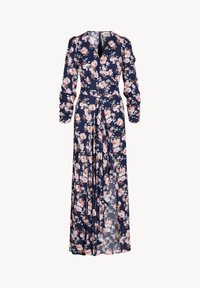 Kwiatowa maxi sukienka w granatowym kolorze z długimi rękawami, fasonem typu wrap oraz zwiewną spódnicą w różowe i białe wzory kwiatowe.