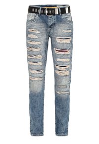 Blue denim jeans with a slim fit, featuring multiple distressed rips, a black belt with silver hardware, and a faded design.