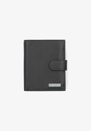 Czarny skórzany portfel o gładkiej fakturze, z podwójnym złożeniem, zapięciem na guzik oraz srebrnym akcentem logo na przodzie.