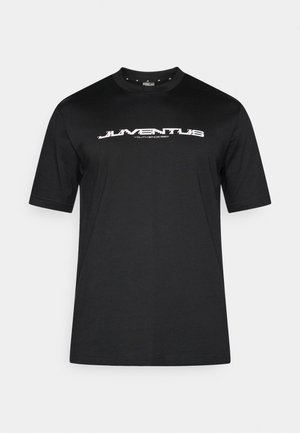 Black short-sleeve t-shirt made of cotton. Features a white and red "JUVENTUS" logo at the chest, with a crew neck and flat hem.