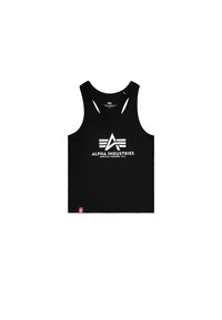 Black tank top made of cotton, featuring a white graphic logo and triangular design element on the front. Tag at the bottom left corner.
