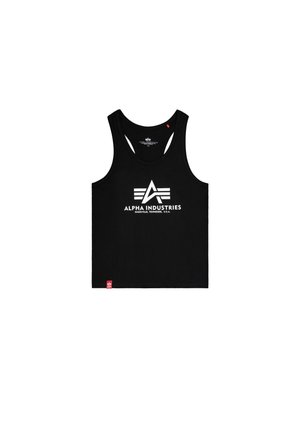 Melnā kokvilnas bezpiedurkņu krekls ar baltu grafisko logotipu un trīsstūrveida dizaina elementu priekšpusē. Tagus apakšējā kreisajā stūrī.