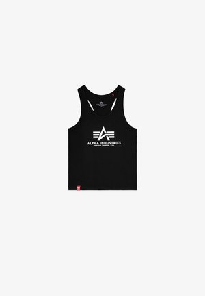 Melnā kokvilnas bezpiedurkņu krekls ar baltu grafisko logotipu un trīsstūrveida dizaina elementu priekšpusē. Tagus apakšējā kreisajā stūrī.