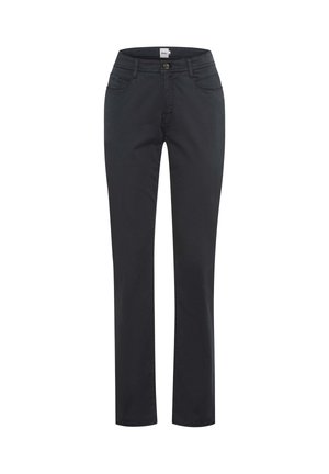 Pantalon noir à coupe droite, avec bouton et fermeture éclair à l'avant, passants pour ceinture et poches avant et arrière.
