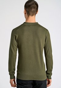 Olivegrüner Pullover mit langen Ärmeln, Rippkragen und -bündchen, mit glatter Textur und schmaler Passform, ohne sichtbare Muster oder Hardware-Details.