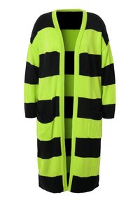 Lungo cardigan con strisce orizzontali verdi e nere. Realizzato in tessuto lavorato a maglia, con apertura frontale e due tasche frontali.