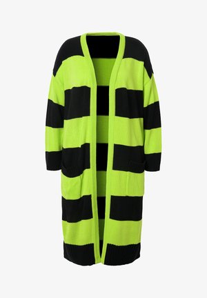 Langer Cardigan mit grünen und schwarzen horizontalen Streifen. Aus Strickstoff, mit offener Vorderseite und zwei Fronttaschen.